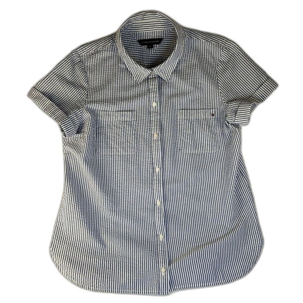 Tommy Hilfiger Shirt Wm's Sz Lg Blue & White Seersucker Railroad Stripe Fabric